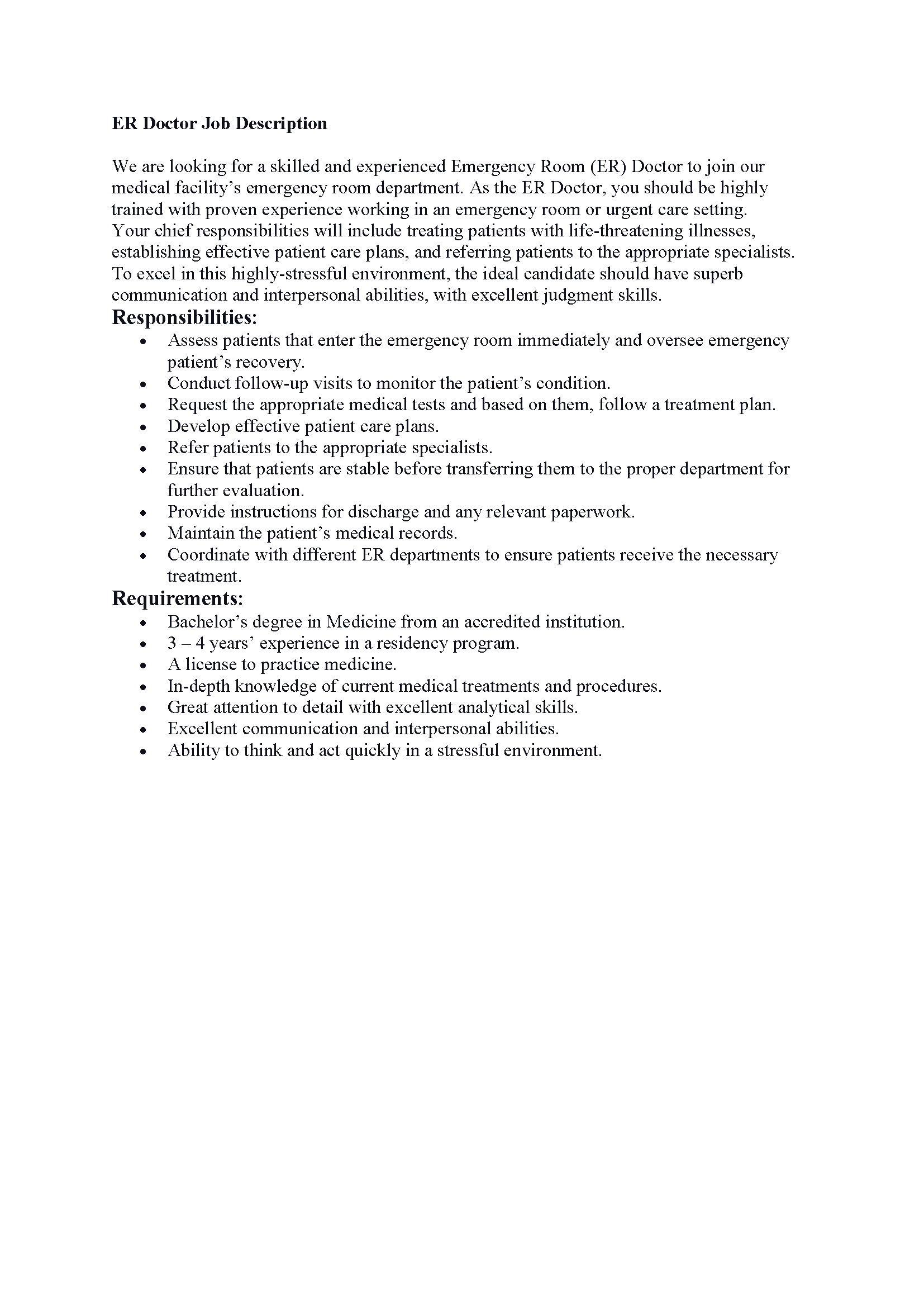 ER Doctor Job Description